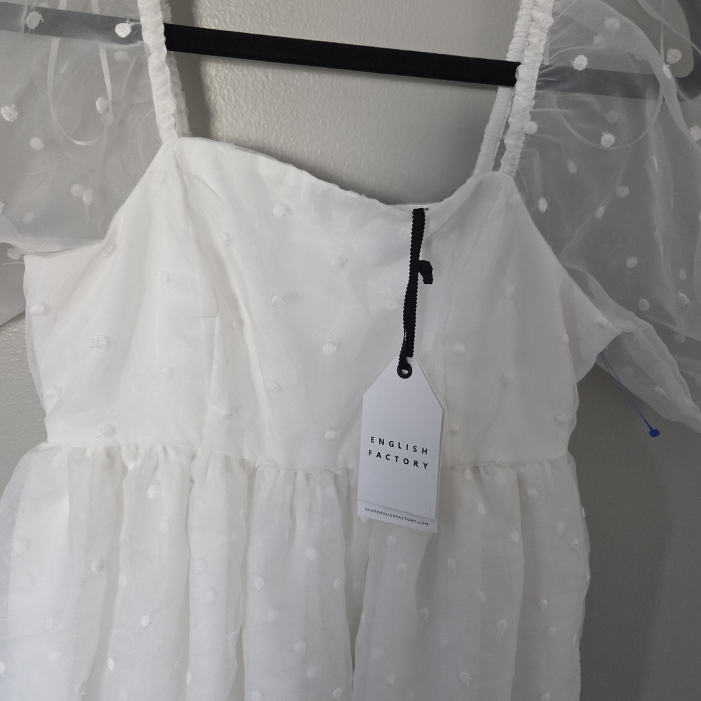 English Factory Womens White Swiss Dot Puff-Sleeve Tierd Mini Dress. Sz XS - Picture 11 of 11
